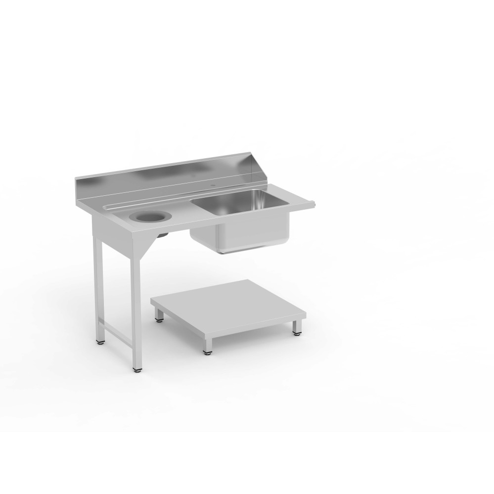 Table entrée/sortie - Accroche gauche - Avec bac 500x400x250 - 1200 x 750 - Avec étagère