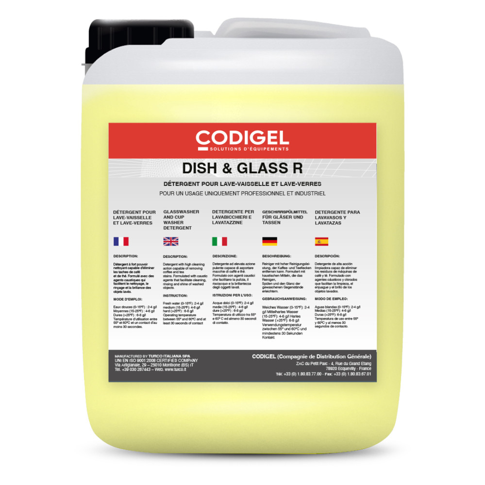 Détergent liquide concentré pour lave-vaiselle et lave-verres (eaux dures jusqu'à 30°f)  - Conditionnement : bidon de 10KG