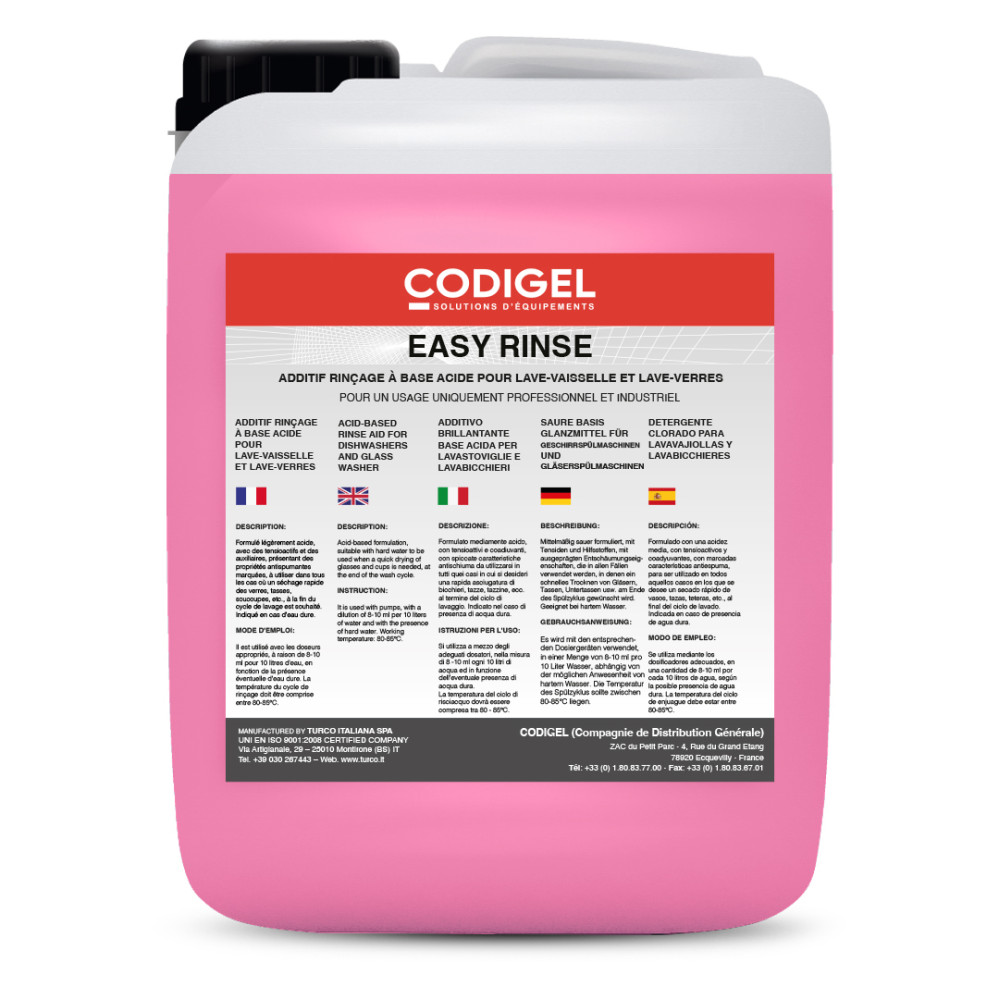 Agent liquide de rinçage à base acide pour lave-vaiselle et lave-verres - Conditionnement : bidon de 10KG